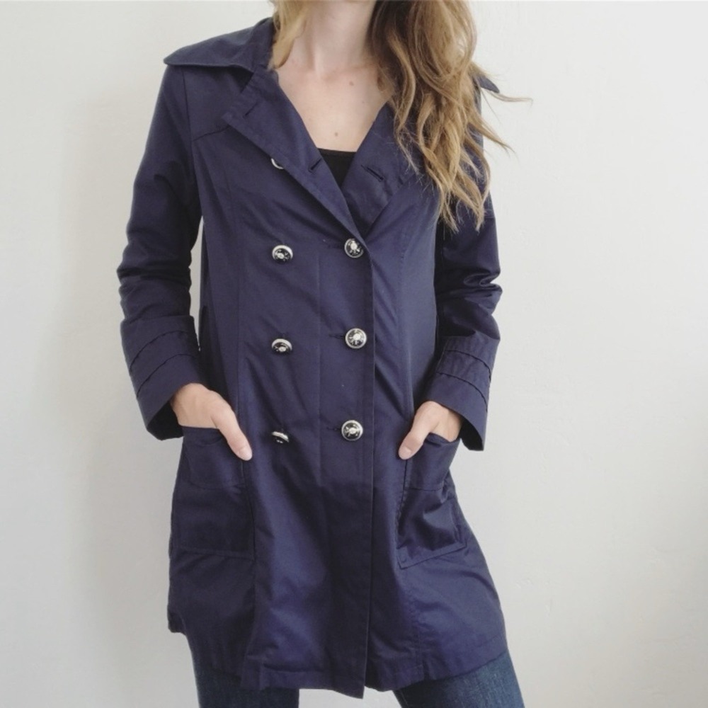 Steve Madden Women's Navy Trench Coat‎ Jacket Small Double Breasted Nautical